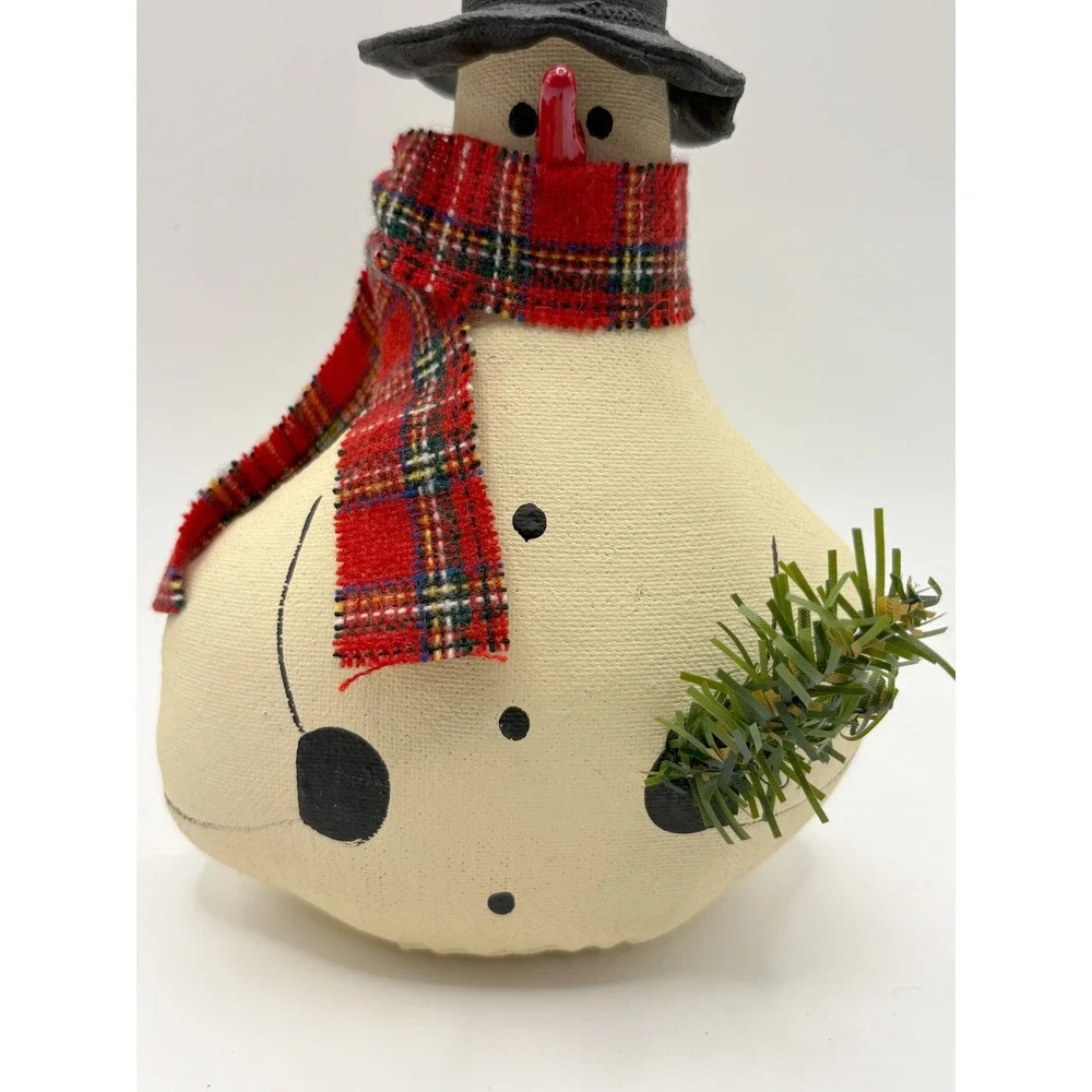 Vintage Handmade Primitive Snowman Red Plaid Scarf Black Hat Folk Art Christmas